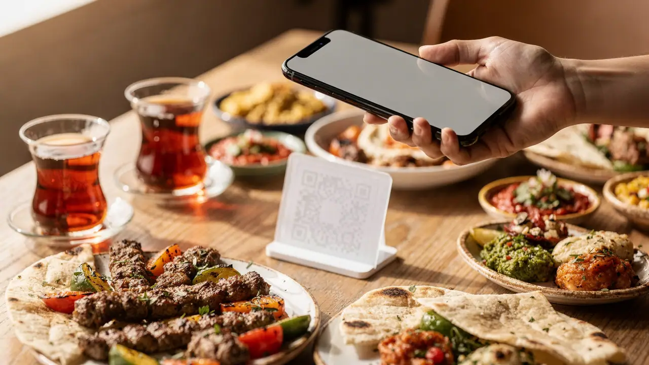 Türk restoranında masadaki QR standını okutan bir el