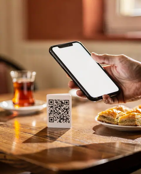 Masadaki QR kartını okutan telefon, yanında çay ve baklava