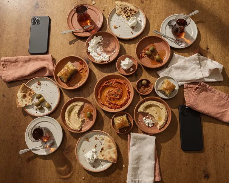 Yemek sonunda paylaşılmış meze tabaklarıyla dolu masa, kenarlarda iki telefon